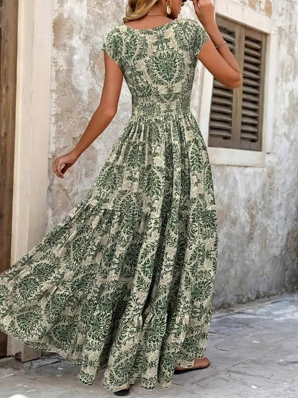 Duttini | Feminine Smocked Boho Print Tiered Maxi Dress