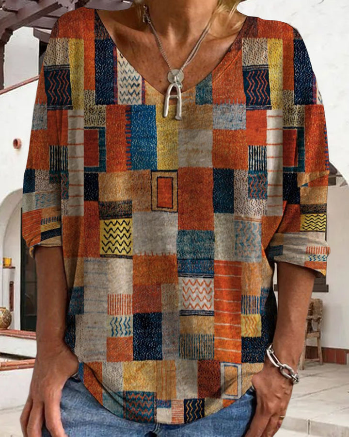 Duttini | Modern Patchwork V Neck 3/4 Sleeve Blouse