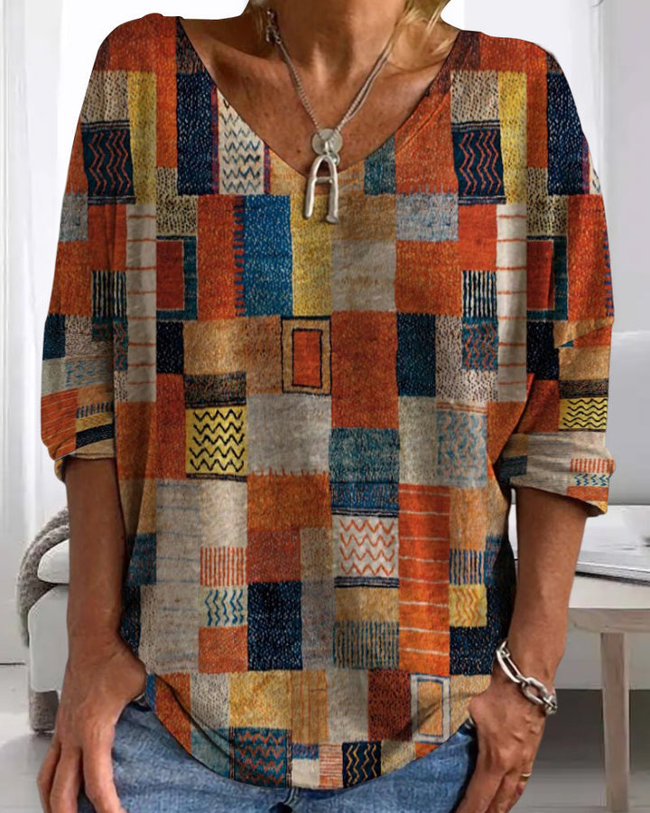 Duttini | Modern Patchwork V Neck 3/4 Sleeve Blouse