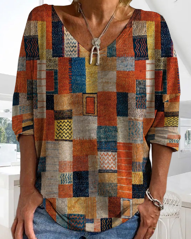 Duttini | Modern Patchwork V Neck 3/4 Sleeve Blouse