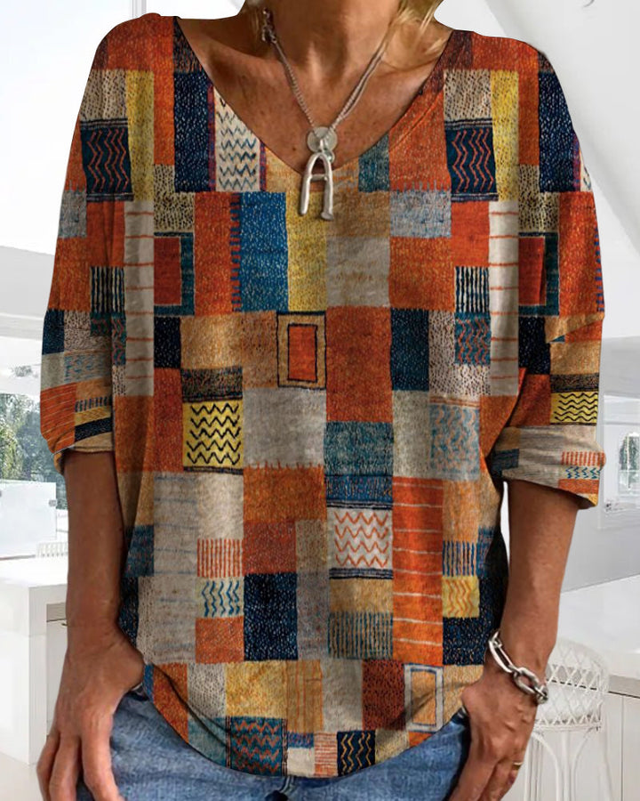 Duttini | Modern Patchwork V Neck 3/4 Sleeve Blouse