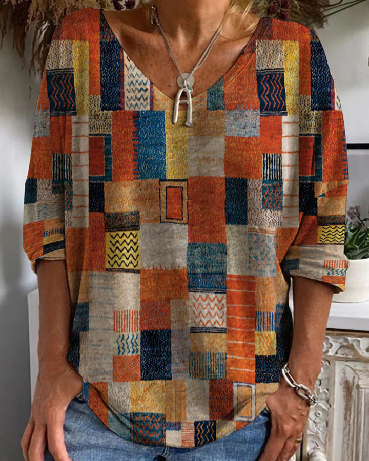 Duttini | Modern Patchwork V Neck 3/4 Sleeve Blouse