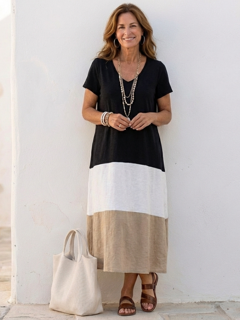 Duttini | Luxe Color Block V Neck Midi Dress with a Timeless Finish