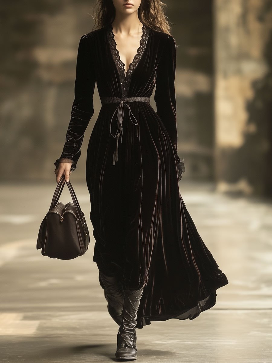 Duttini | Velvet V-Neck Evening Dress