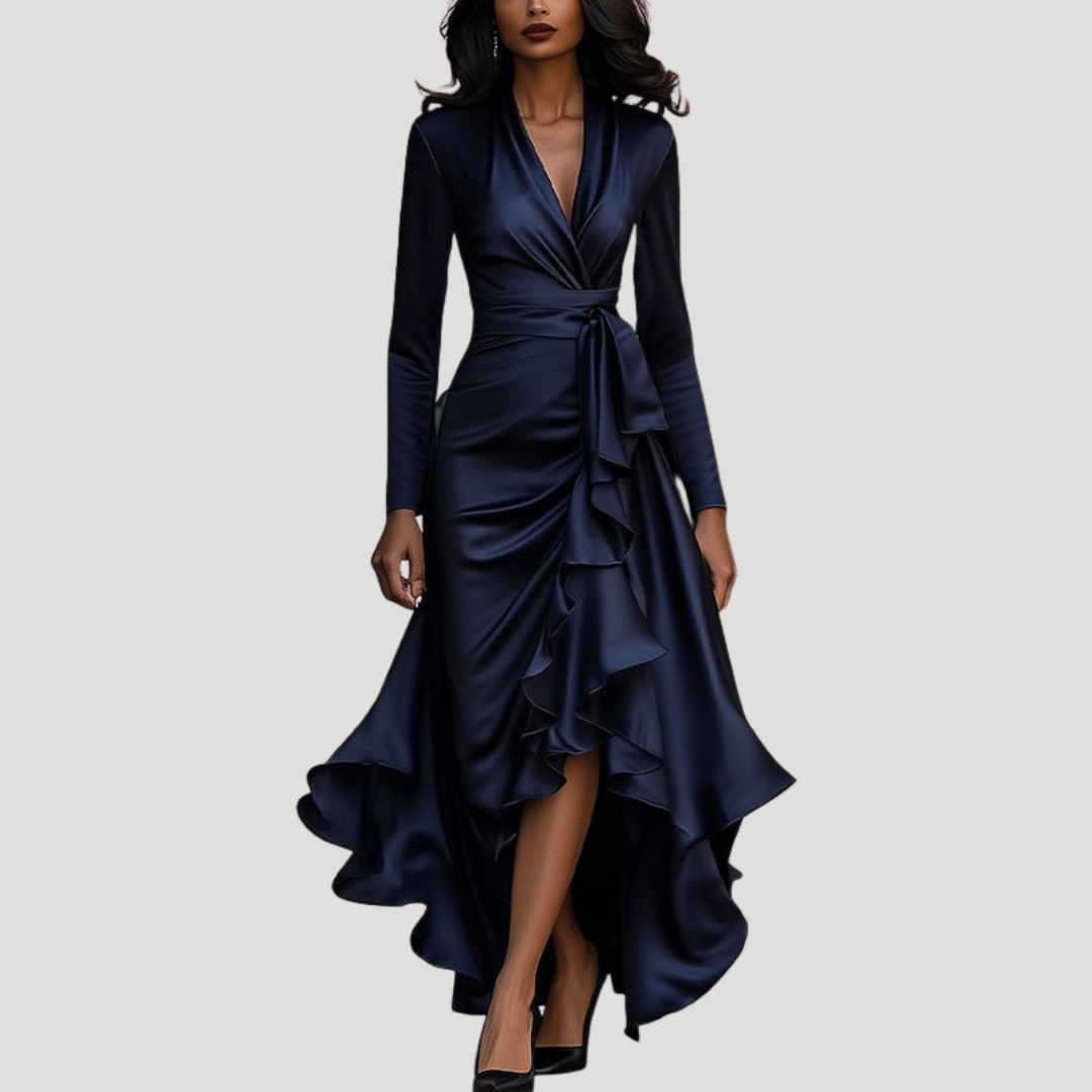 Duttini | Feminine Long Sleeve Wrap Evening Dress in a Flattering Cut