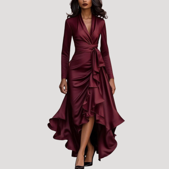 Duttini | Feminine Long Sleeve Wrap Evening Dress in a Flattering Cut