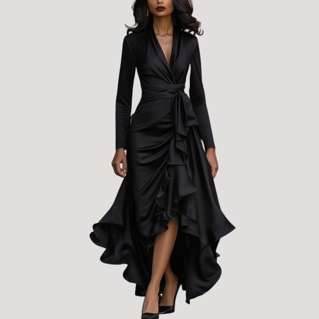 Duttini | Feminine Long Sleeve Wrap Evening Dress in a Flattering Cut