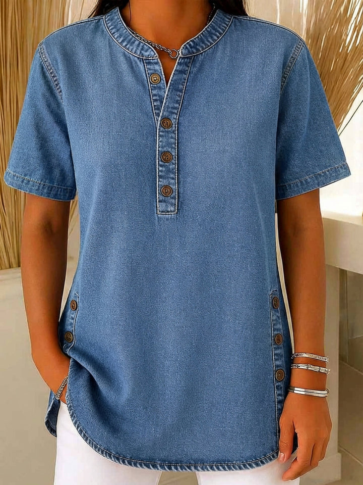 Duttini | Luxe Short Sleeve Henley Blouse for Effortless Elegance