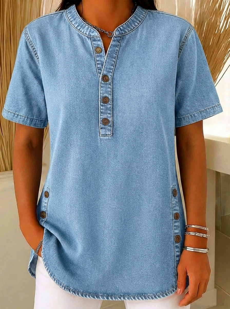 Duttini | Luxe Short Sleeve Henley Blouse for Effortless Elegance