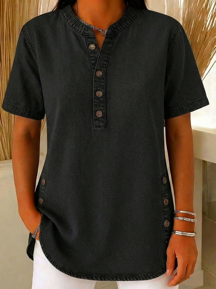 Duttini | Luxe Short Sleeve Henley Blouse for Effortless Elegance