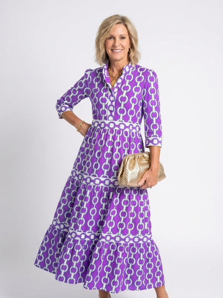Duttini | Effortless Chain Print 3/4 Sleeve Midi Dress