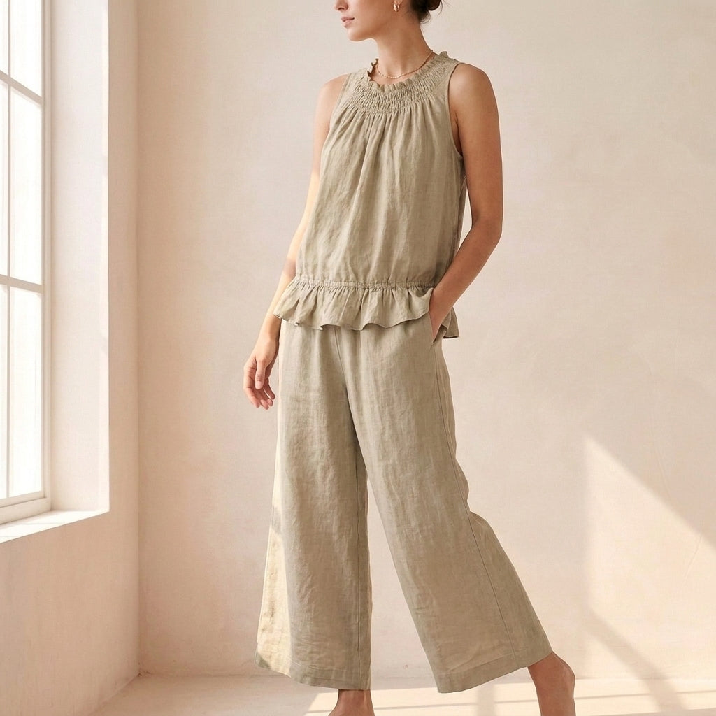 Duttini | Graceful Bohemian-Inspired Relaxed Two-Piece Set With Ruffled Neckline And Wide-Leg Trousers