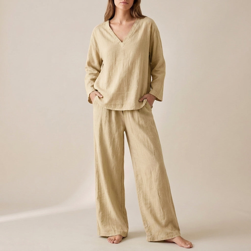 Duttini | Graceful Relaxed V-Neck Pullover With Flowing Wide-Leg Pants Set