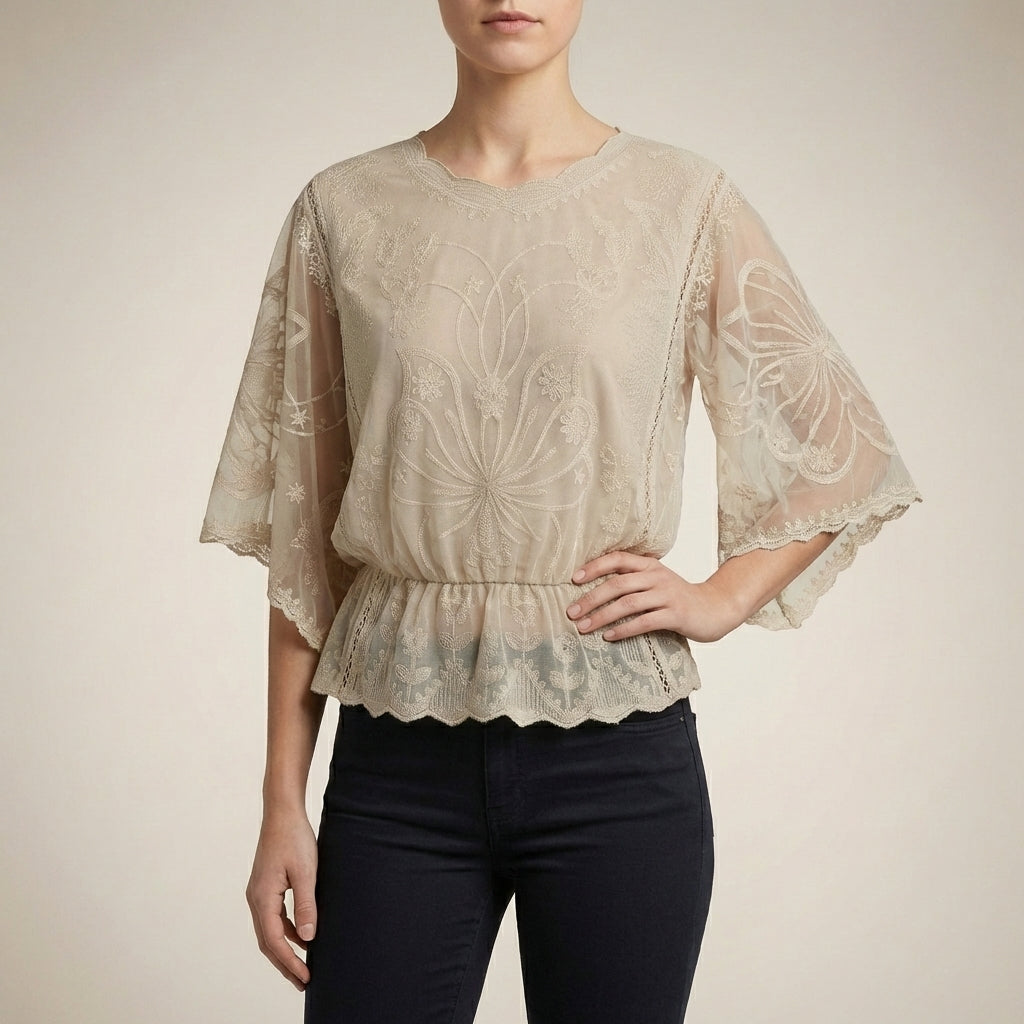 Duttini | Elegant Boho-Chic Embroidered Sheer Mesh Blouse With Flared Sleeves