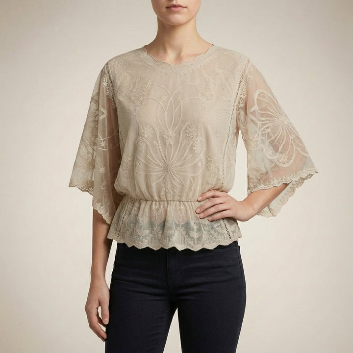 Duttini | Elegant Boho-Chic Embroidered Sheer Mesh Blouse With Flared Sleeves