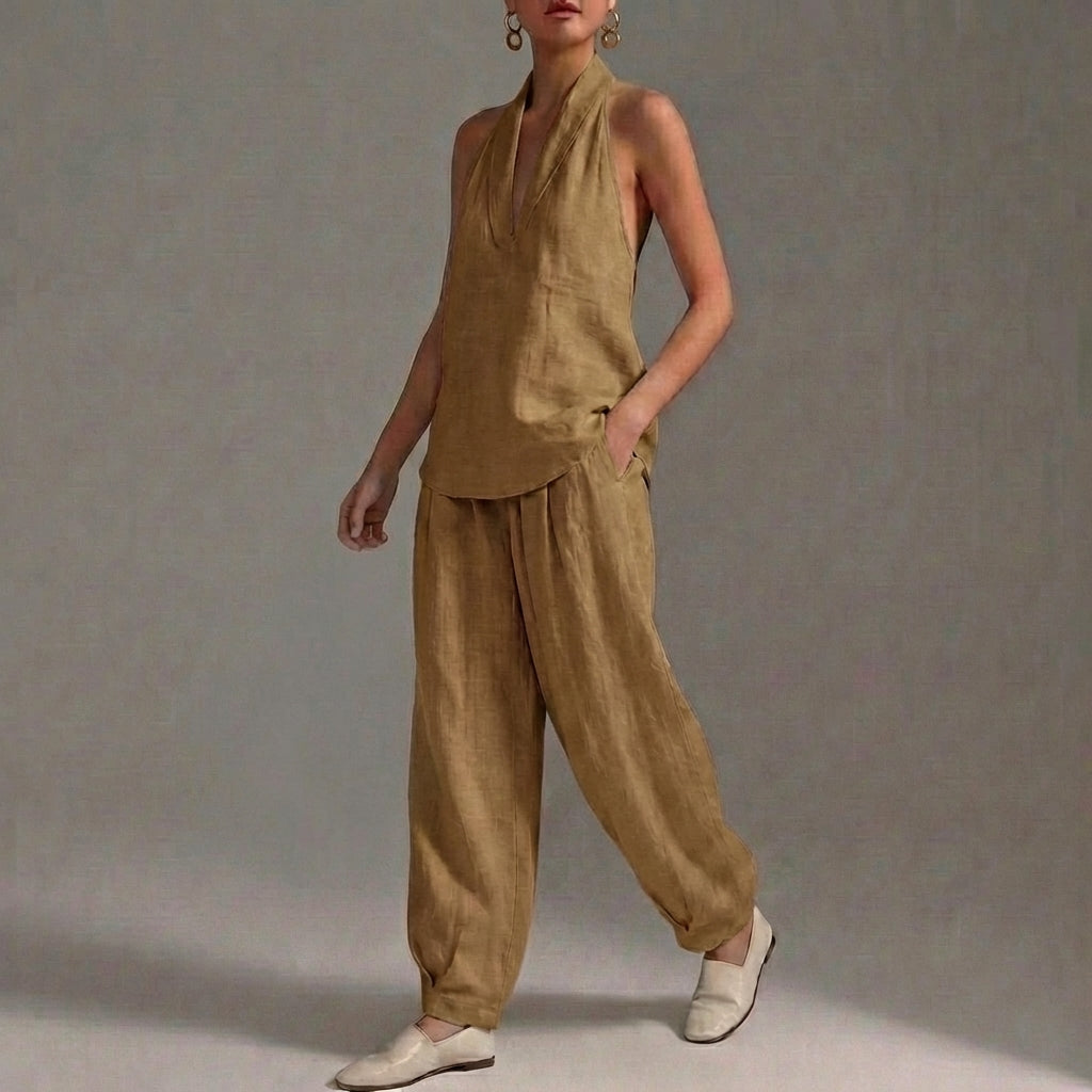 Duttini | Lightweight Two-Piece Halter V-Neck Suit With Wide-Leg Trousers