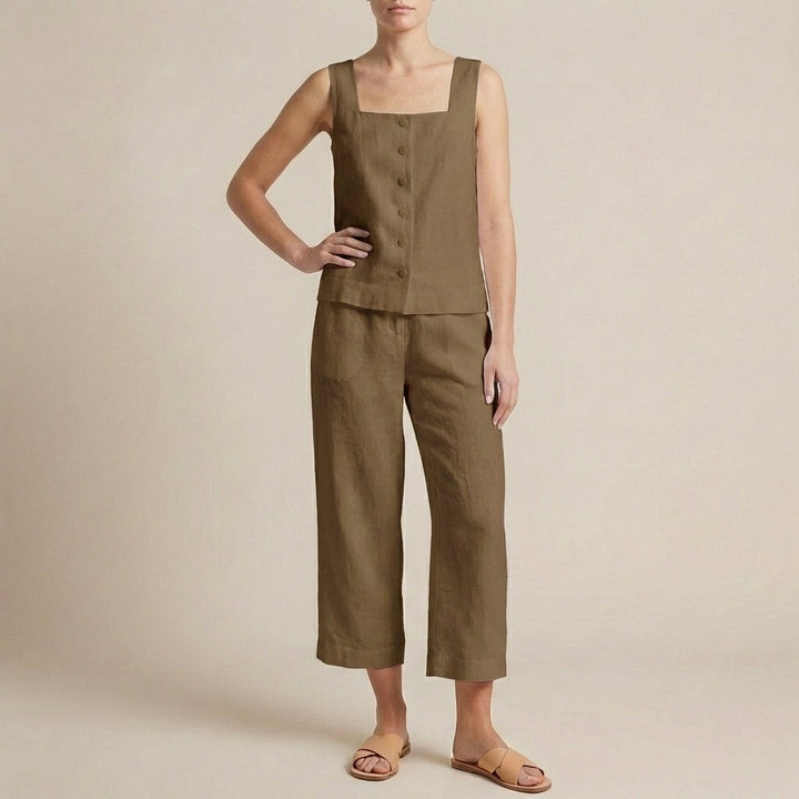 Duttini | Flowing Structured Two-Piece Set With Square Neck Top And Wide-Leg Capris