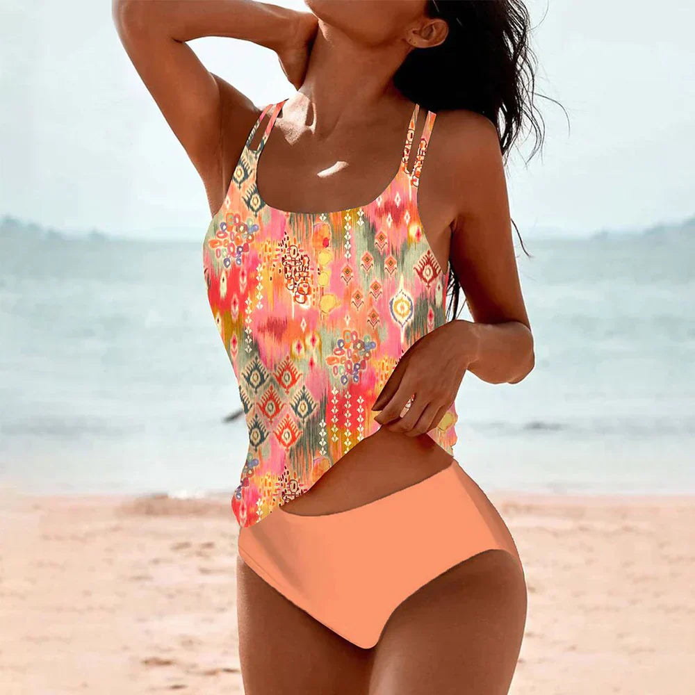 Duttini | Sculpted Bohemian Print Tankini Top & High-Waisted Bikini Bottom Set