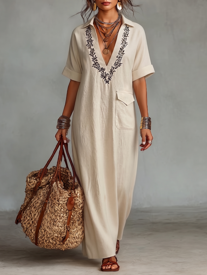 Duttini | Red Linen Embroidered Dress