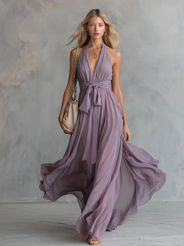 Duttini | Chiffon Halter Neck Elegant Evening Dress