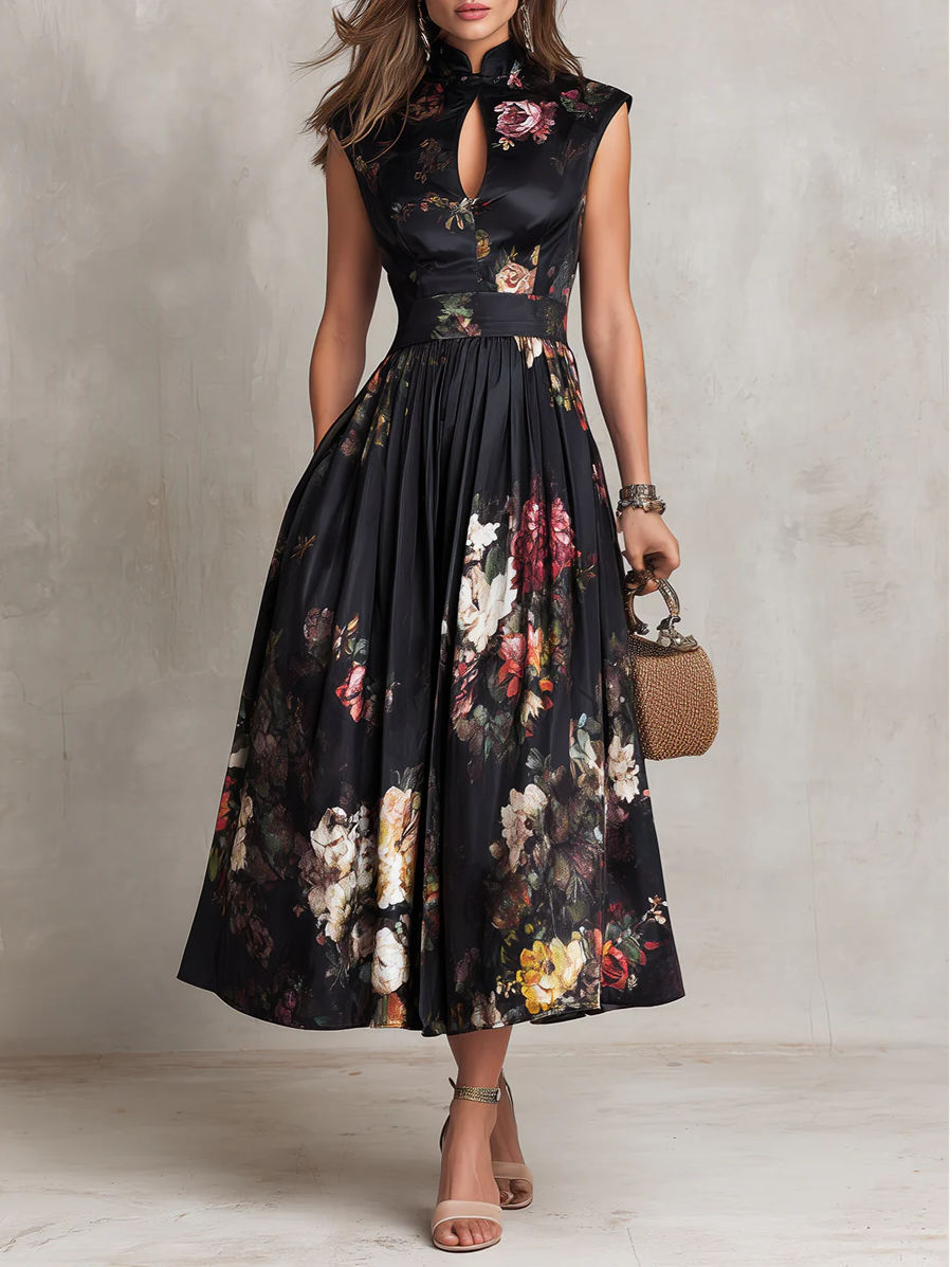 Duttini | Elegant Keyhole Collar Pleated Satin Dress