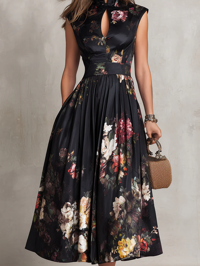 Duttini | Elegant Keyhole Collar Pleated Satin Dress