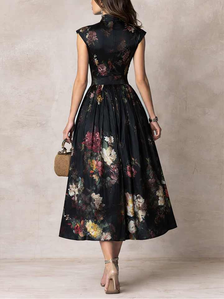 Duttini | Elegant Keyhole Collar Pleated Satin Dress