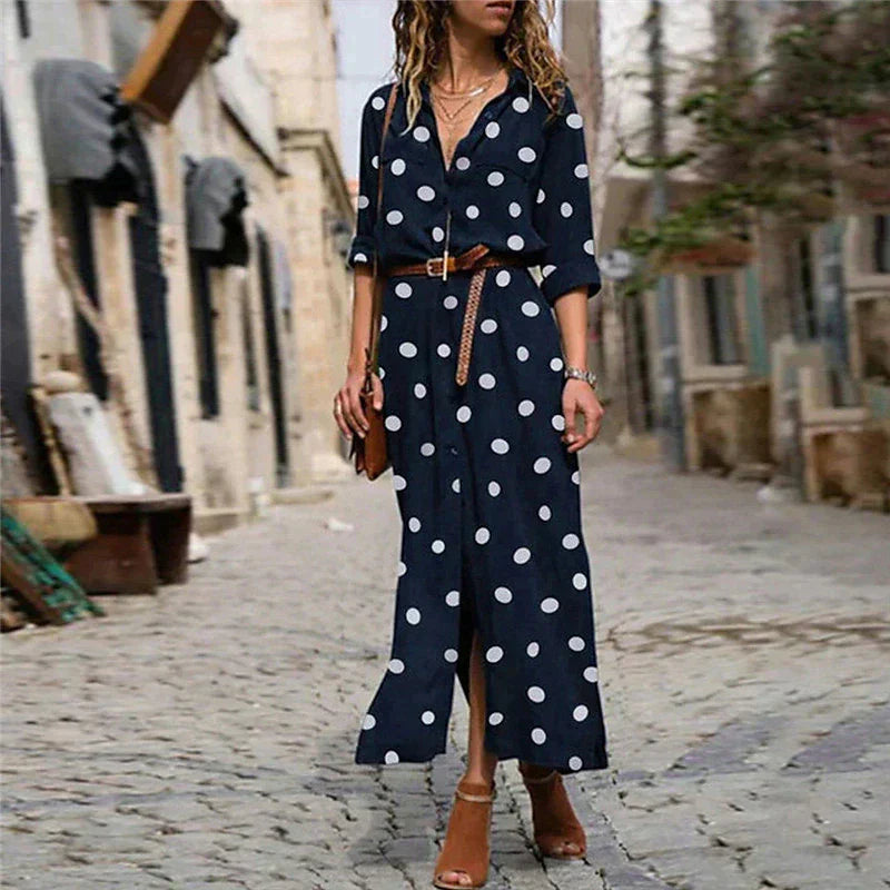 Duttini | Timeless Polka Dot Maxi Dress Long Sleeve Button-Down Shirt Dress