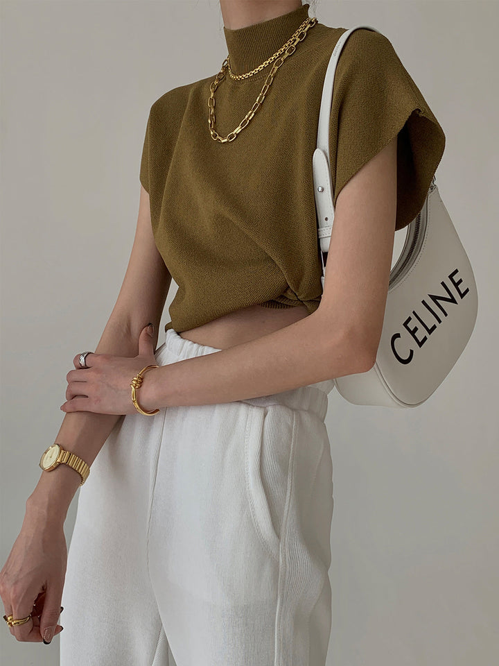 Duttini | Elegant Mock Neck Sleeveless Top Padded Shoulder Vest