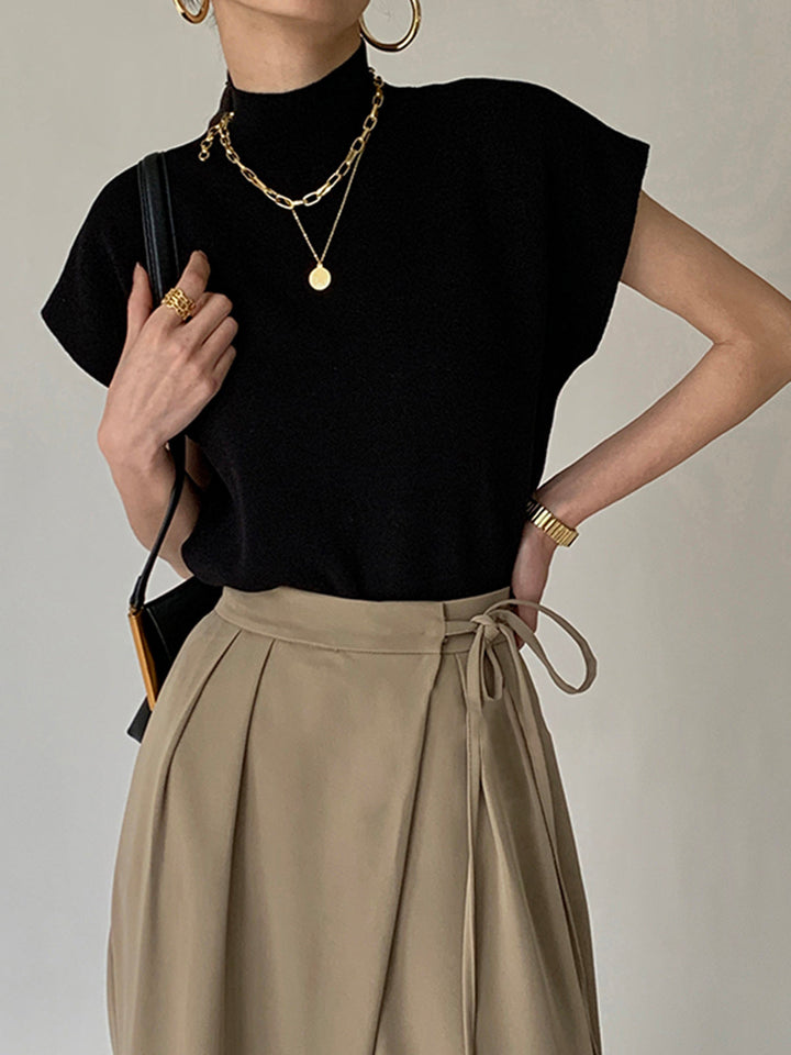 Duttini | Elegant Mock Neck Sleeveless Top Padded Shoulder Vest