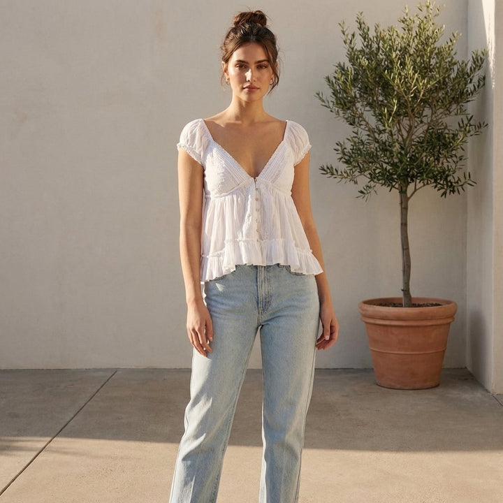Duttini | Elegant Peplum Blouse With Embroidered Eyelet And Ruffled Sleeves