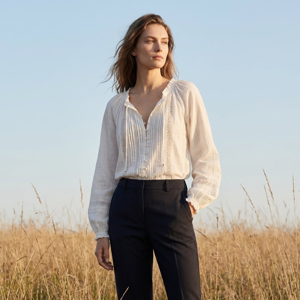 Duttini | Feminine Bohemian-Inspired Pintuck And Lace Long Sleeve Blouse With Ruffled Neckline