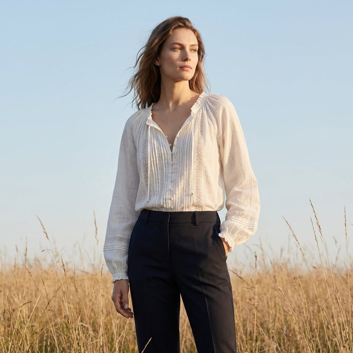 Duttini | Feminine Bohemian-Inspired Pintuck And Lace Long Sleeve Blouse With Ruffled Neckline