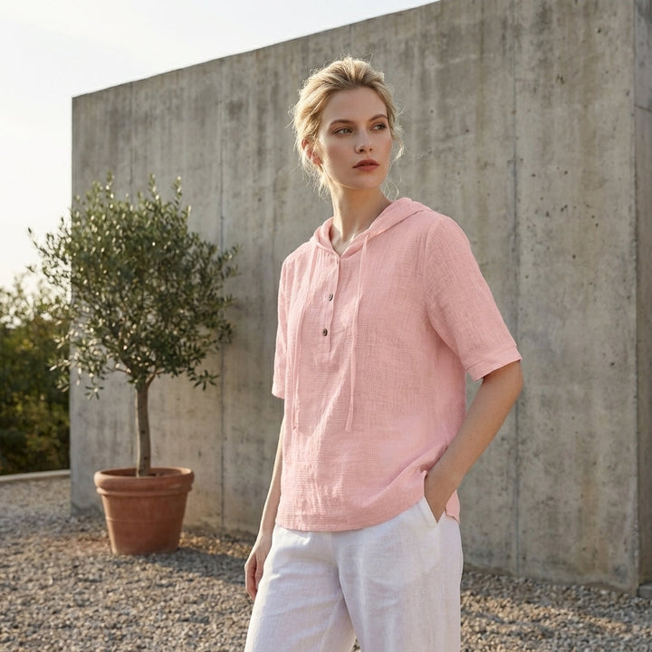 Duttini | Graceful Amelia Relaxed Hooded Blouse With Drawstring And High-Low Hem
