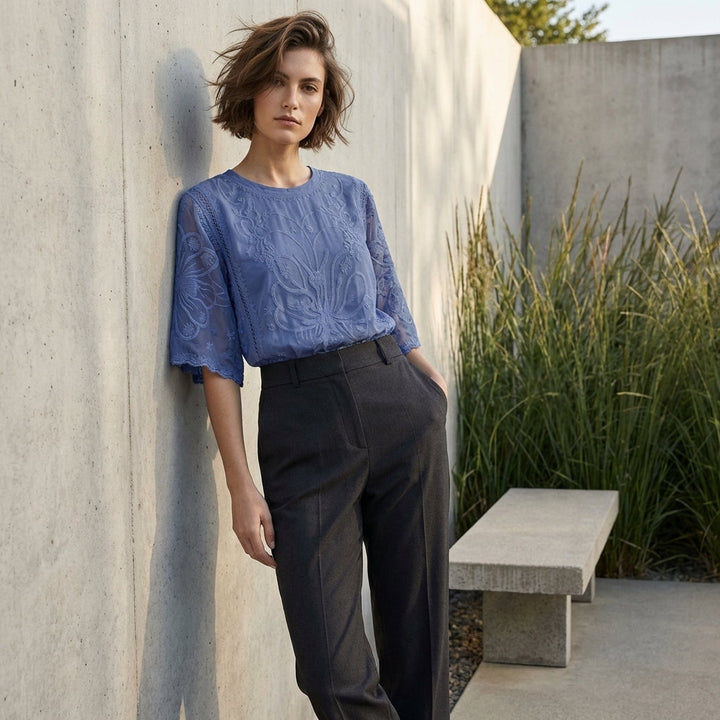 Duttini | Elegant Boho-Chic Embroidered Sheer Mesh Blouse With Flared Sleeves