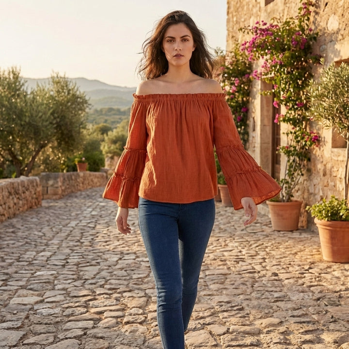 Duttini | Luxe Bohemian Off-the-Shoulder Blouse With Tiered Bell Sleeves