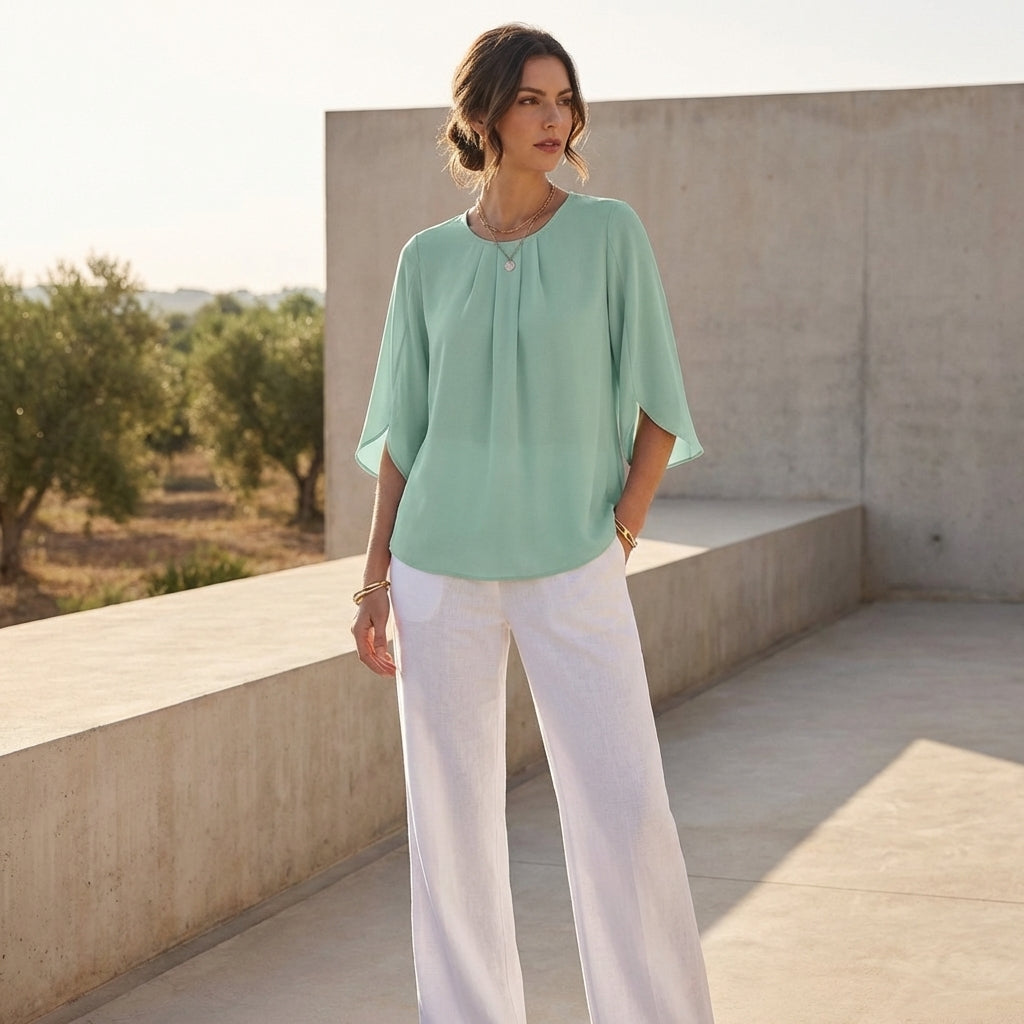 Duttini | Elegant Loose Blouse With Pleated Neckline And Draped Sleeves