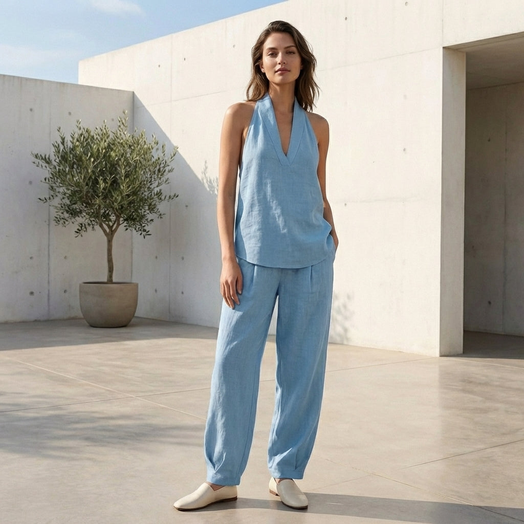 Duttini | Lightweight Two-Piece Halter V-Neck Suit With Wide-Leg Trousers