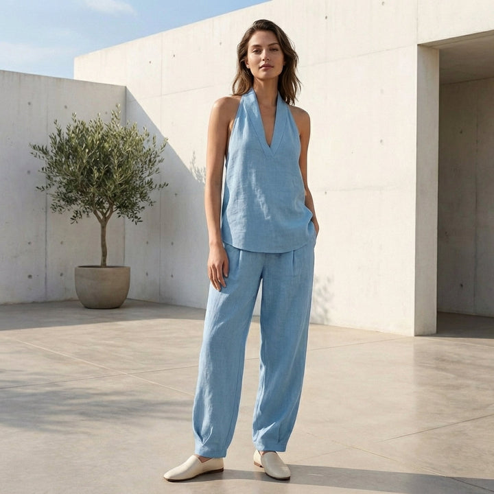 Duttini | Lightweight Two-Piece Halter V-Neck Suit With Wide-Leg Trousers