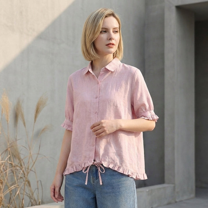 Duttini | Luxe Relaxed Boxy Button-Front Blouse With Ruffled Cuffs And Hemline