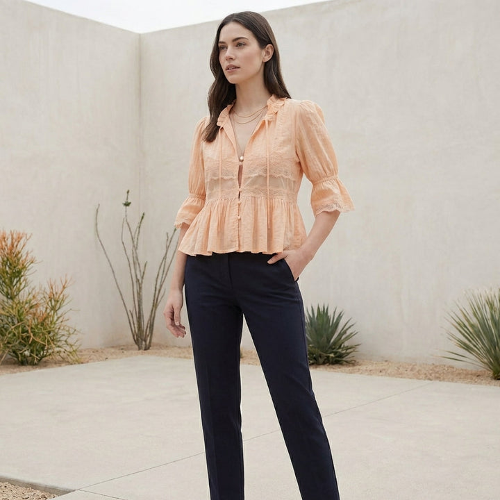 Duttini | Flowing Bohemian Babydoll Blouse With Lace Insets And Ruffle Trim