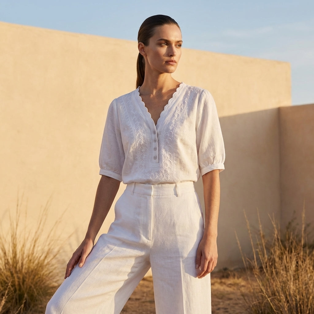 Duttini | Timeless Chloe Relaxed V-Neck Blouse With Embroidered Yoke And Scalloped Detail