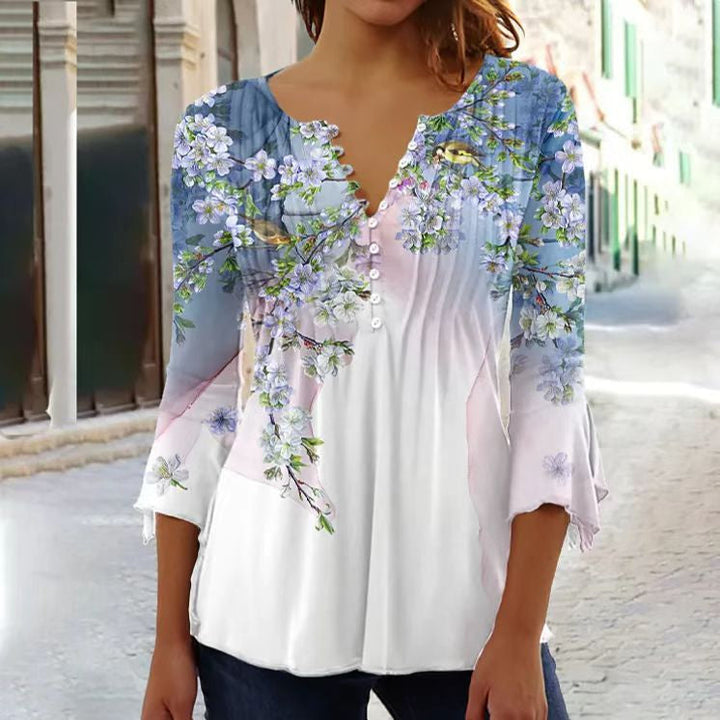 Duttini | Sculpted Floral Long Sleeve Henley Blouse