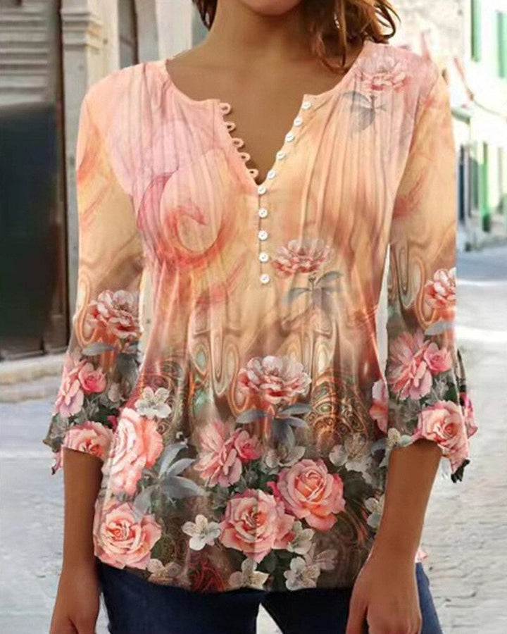 Duttini | Sculpted Floral Long Sleeve Henley Blouse