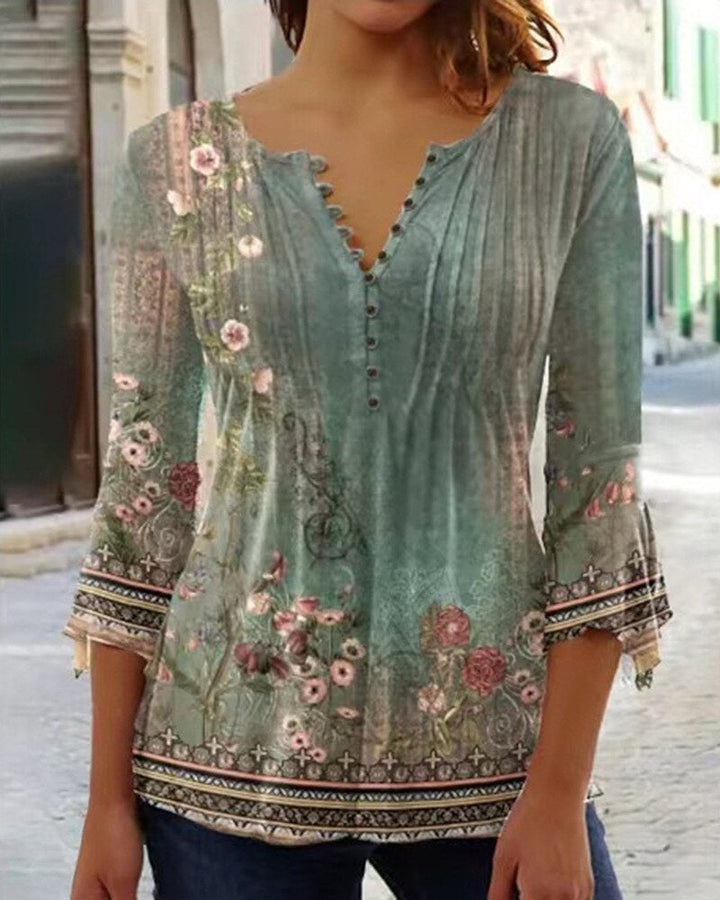 Duttini | Sculpted Floral Long Sleeve Henley Blouse