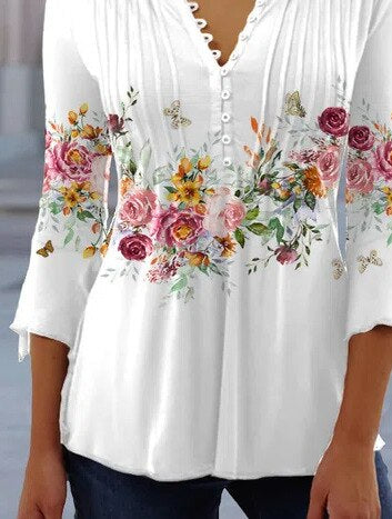 Duttini | Sculpted Floral Long Sleeve Henley Blouse