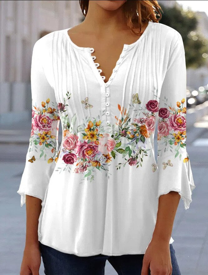 Duttini | Sculpted Floral Long Sleeve Henley Blouse