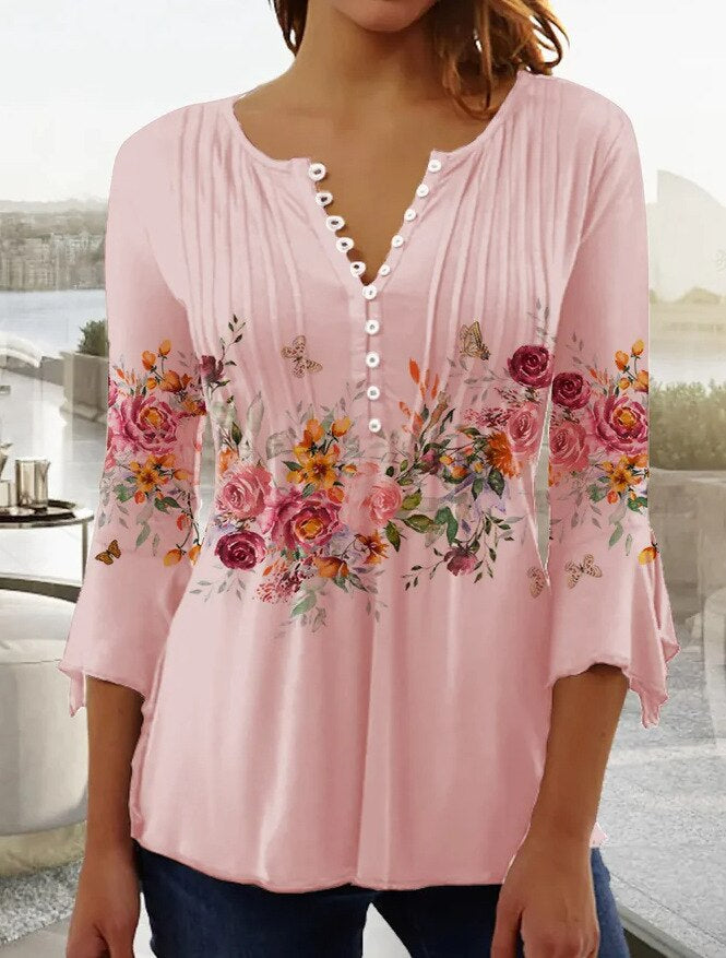 Duttini | Sculpted Floral Long Sleeve Henley Blouse
