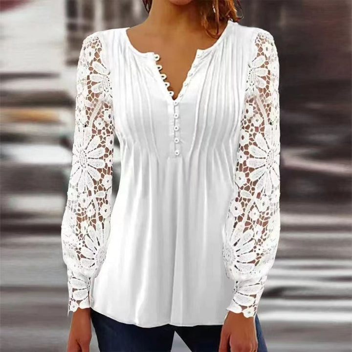 Duttini | Sculpted Floral Long Sleeve Henley Blouse