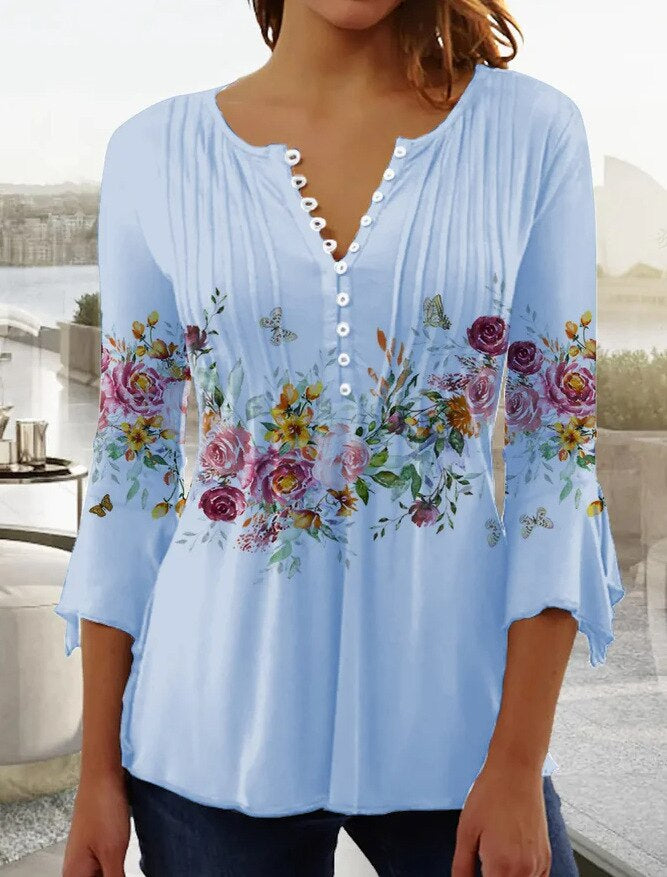 Duttini | Sculpted Floral Long Sleeve Henley Blouse